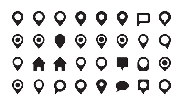 Variety of location pins home icons and speech bubbles for map and communication.