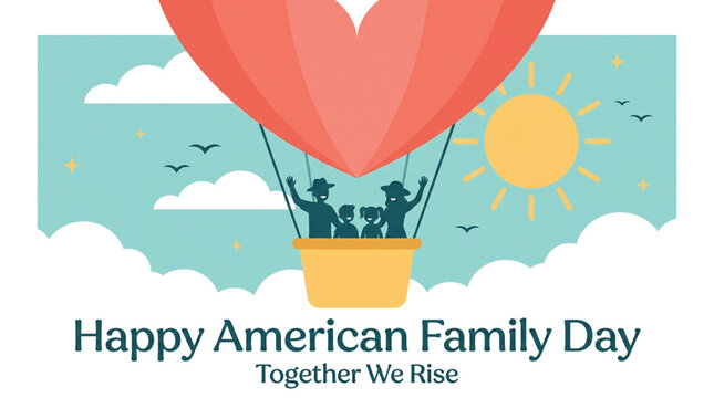 Illustration of a family of four in a heart-shaped hot air balloon with blue sky, clouds, sun, and birds. Text reads 'Happy American Family Day, Together We Rise.'