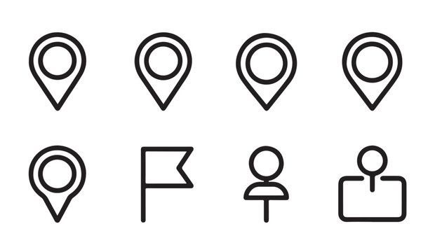 Minimalist outline icons map pin flag person marker location symbol square and circle graphics line art.