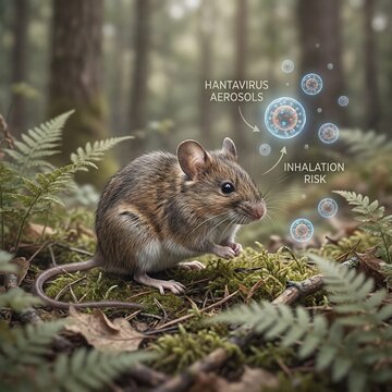 Deer mouse in forest illustrating hantavirus aerosol transmission risk