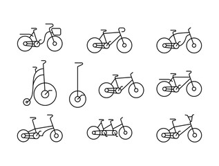 Various Types of Bicycles Icons outline style, collection of urban, sport, folding, tandem, and classic bicycles in outline style, ideal for transportation, cycling, fitness, and mobility design © RAVIAN