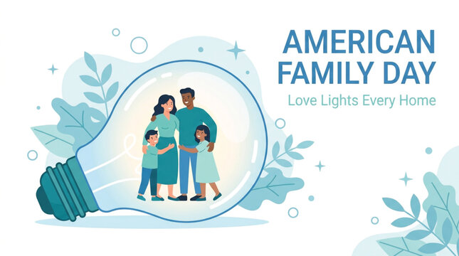 Illustration of a family with two children standing inside a large light bulb, surrounded by botanical elements, text reads 'American Family Day: Love Lights Every Home'.