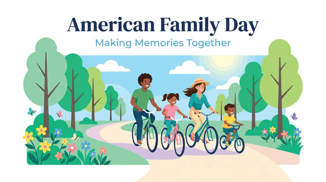 Illustration of a family of four riding bicycles on a park path with trees, flowers, and sunlight. Text reads 'American Family Day Making Memories Together' at the top.