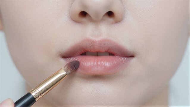 A person applies lipstick with a brush, focusing on the lips.