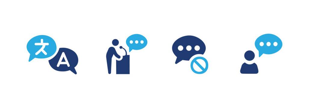Communication icon set. Contains language, speech, disabled, and chat icons. Solid icon illustration pack.