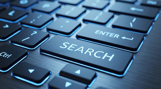 Close up of black computer keyboard featuring a large dedicated search button with blue backlight, representing internet browsing, online research, SEO optimization and digital ...