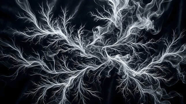 Abstract fractal lightning discharge pattern with glowing white smoke against dark black background lightning electricity discharge abstract branching