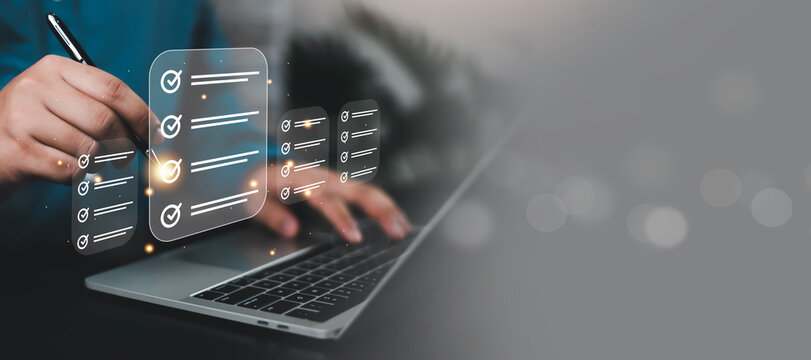 Digital checklist and task management concept with online to-do list on a laptop, featuring workflow optimization, project tracking, business planning, productivity improvement, process management.