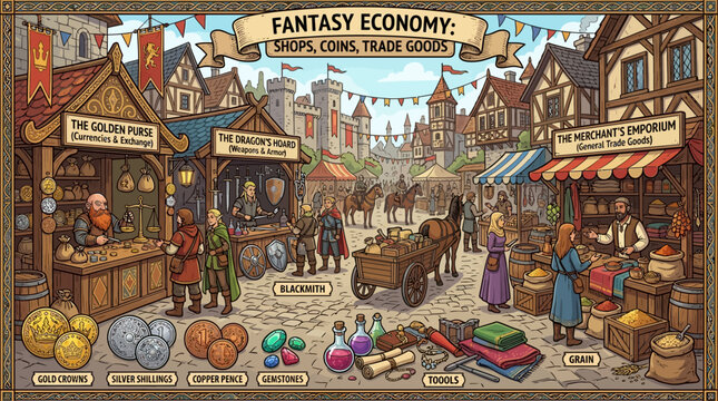 Fantasy Medieval Marketplace: Shops, Coins, Trade Goods, Economy