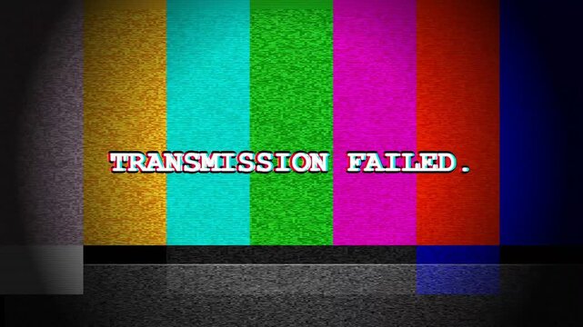 Transmission failed text on colorful analog television test pattern screen