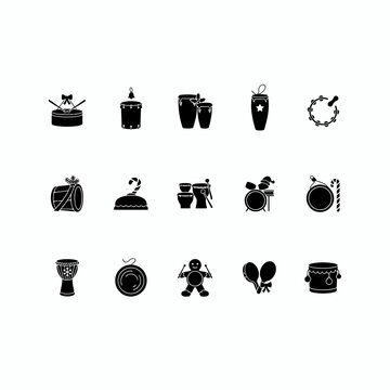 Black and white set of various drums with displays collection black icons featuring different different types instruments percussion tambourine