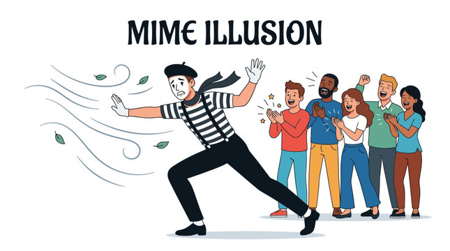 Mime Artist Performing Invisible Wall Illusion for an Appreciative Diverse Crowd of Spectators in a Creative Theatrical Performance