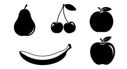 Black silhouettes of various fruits on white background with silhouettes pear cherries cherries apples banana illustration graphic healthy with simple © Asim