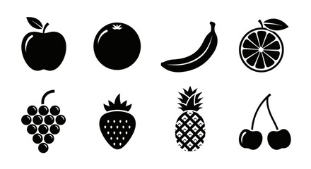 Collection of fresh fruit icons with grapes strawberry pineapple including apple tomato collection nine black tomato banana orange black white © Asim