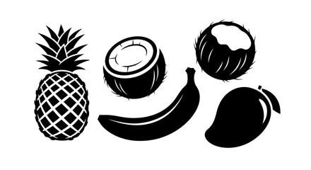 Black and white illustration of tropical fruit with illustration pineapple coconut coconut banana silhouette graphic healthy exotic mango with icon © Asim