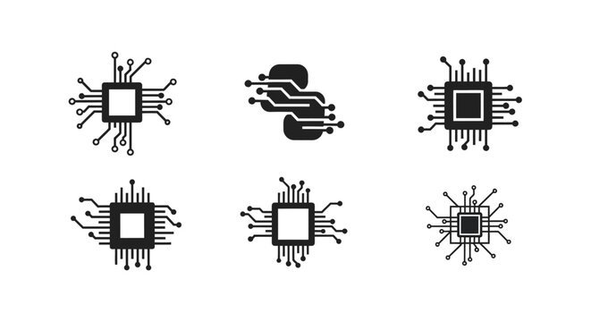Six black and white microchip circuit board icons with plain white background electronics technology innovation schematic computer hardware with graphic