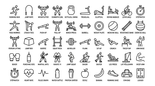 Fitness and Gym Icons: Workout Equipment, Exercises, Healthy Lifestyle - Vector Line Art