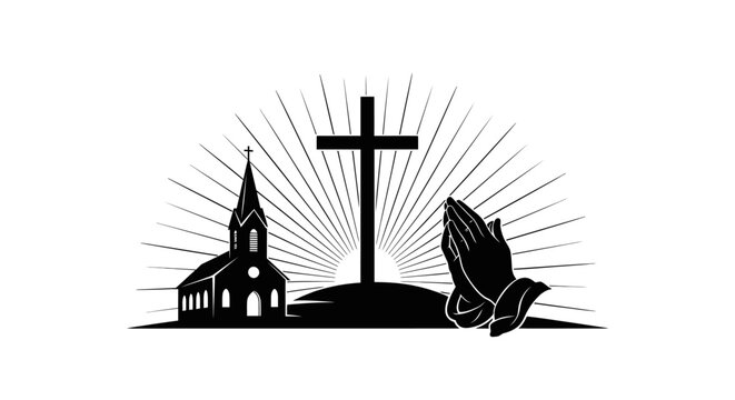 Christianity symbol with church with depicts black white illustration church church cross spirituality religion devotion serenity calmness with praying