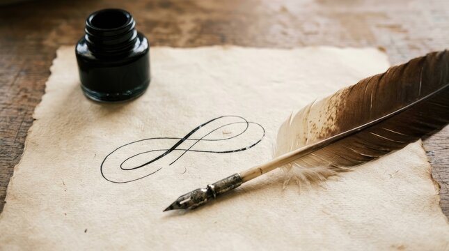 Antique feather quill pen rests on textured parchment paper with black ink near glass inkwell