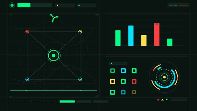 Futuristic HUD dashboard with animated charts and radar tracking for data visualization.