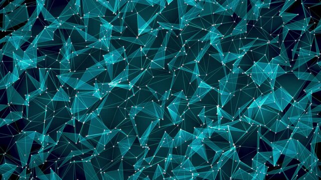 Loopable abstract digital network animation featuring glowing connection points, polygon mesh, low poly structure and futuristic communication technology. Suitable for AI, blockchain andcybersecurity.