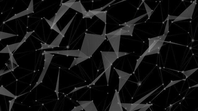 Loopable dark artificial intelligence background featuring glowing neural connections, low poly polygon mesh and futuristic digital network. Excellent for AI, machine learning, and cybersecurity.