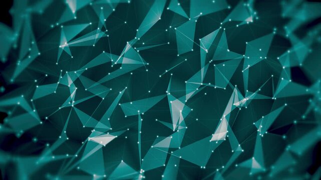 Loopable abstract digital network animation featuring glowing connection points, polygon mesh, low poly structure and futuristic communication technology. Suitable for AI, blockchain, cybersecurity.