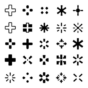 Star and asterisk symbols set with 36 unique black symbols in 6x6 grid on white background featuring star, asterisk, geometric patterns with line art and minimalist design