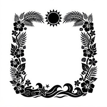 Tropical floral frame with sun and ocean elements for summer designs