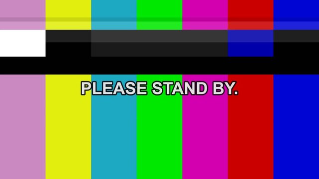 Please stand by text on colorful television broadcast test pattern bars