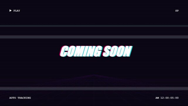 Retro VHS aesthetic overlay with white Coming Soon text on dark purple background featuring 80s style perspective grid, scan lines, play icon, auto tracking, and digital timecode.