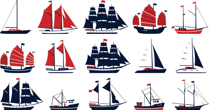 Sailboats set, collection of sailing ships, various types boats with sails.