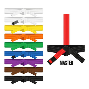 Set of colorful martial arts belts ranking levels for karate judo and bjj vector illustration