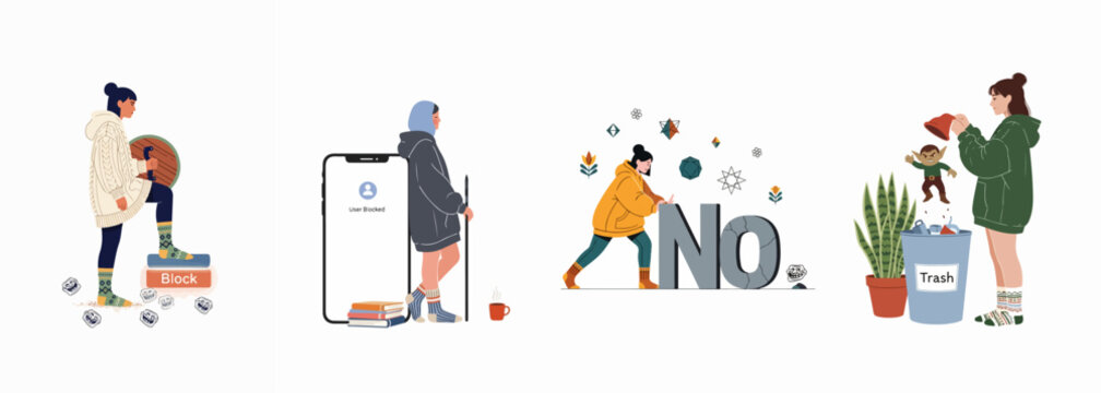 Flat illustration set depicting women protecting their digital space by blocking trolls, saying no to harassment, and maintaining personal boundaries online.