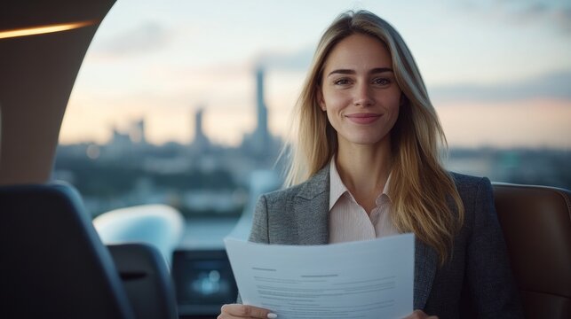 Businesswoman reviewing documents on private jet, city skyline