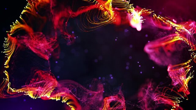 Abstract technology background with glowing colorful particle filaments, flowing turbulence, dotted lines, haze, bokeh lights, spreading and reverse particle motion, seamless loop animation.