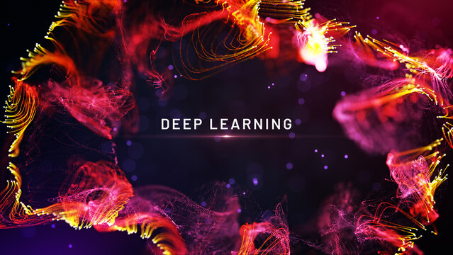 Futuristic abstract technology background featuring glowing red, purple, and yellow particle streams, flowing dotted lines, bokeh lights, haze, flare, and Deep Learning title with copy space.