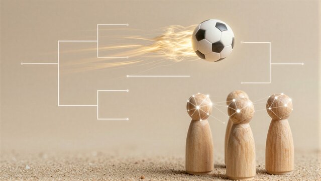 Soccer ball flies through tournament bracket, wooden figures watch with connected minds.