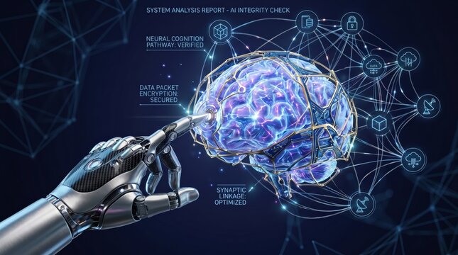 Artificial intelligence neural network brain analysis report with robotic hand interaction, machine learning deep learning algorithm concept, cognitive computing and future tech...