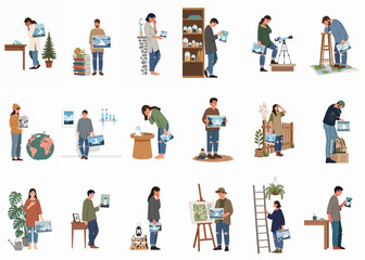 Illustrations of people expressing ecological grief and sadness, mourning the loss of nature and melting glaciers through photographs and symbolic objects in a set.