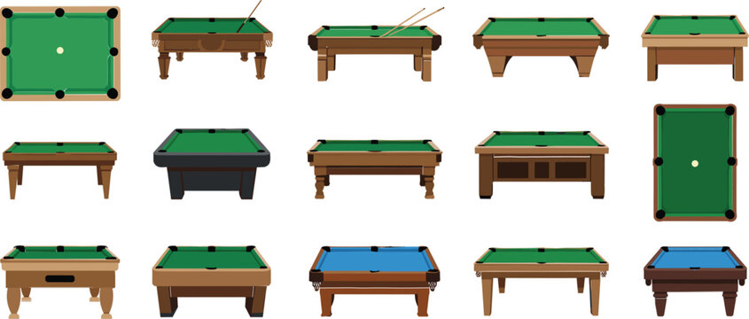 Professional billiards table collection, pool game furniture for sports, recreation and entertainment illustration vector