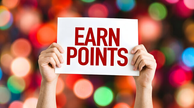 Hands holding white paper placard reading earn points against colorful bokeh lights background with depicts hands presenting red text reading