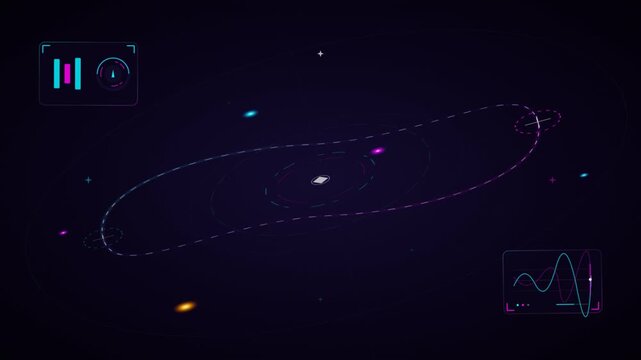 Futuristic space HUD interface with orbiting particles and data telemetry.