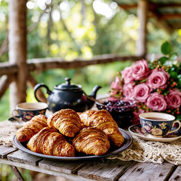 Elegant Tea and Croissant Breakfast on Rustic Veranda AI Generative