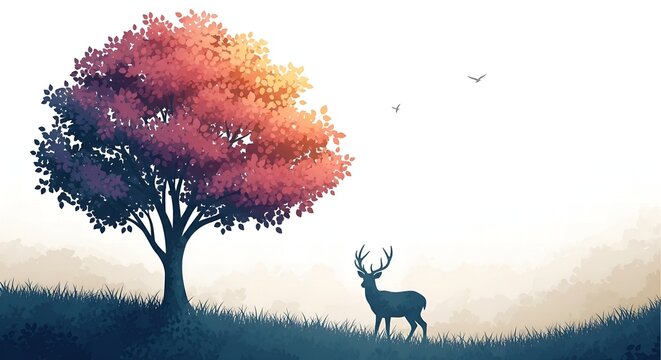 Vibrant red autumn tree standing beside horned deer against layered mountain ranges at bright sunrise. Nature wildlife concept
