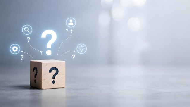 Problem solving concept with wooden cube and question marks connected to glowing business icons representing innovation and strategic brainstorming.