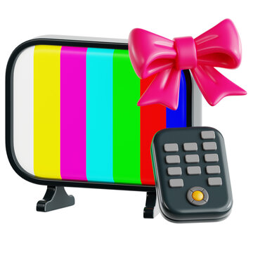 Cartoon television set with colorful test pattern and remote control on transparent background retro
