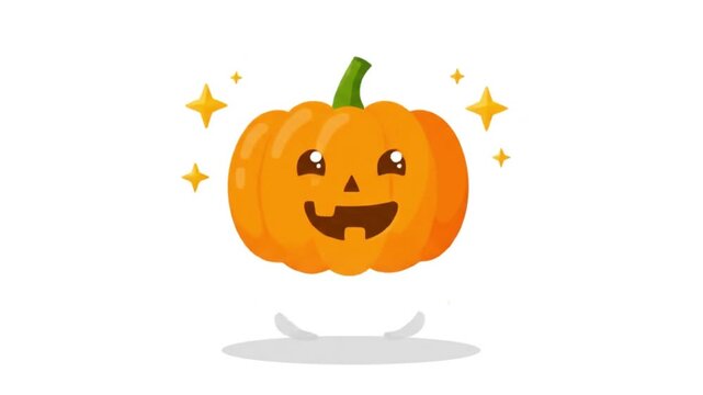 A high-quality 2D vector animation featuring a happy orange jack-o'-lantern pumpkin character. The animation showcases smooth floating and bouncing motion, sparkling golden stars, squash-and-stretch e