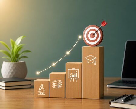 Educational goal achievement and research progress shown by upward glowing chart on wooden blocks with target bullseye.