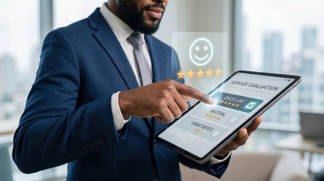 Man giving five star rating on tablet screen, customer satisfaction survey concept, service evaluation feedback form, positive user experience review, mobile application quality...